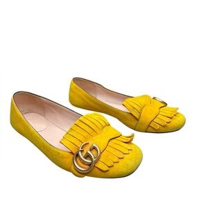 GUCCI Marmont Kiltie Fringe Loafer Flats EU 37.5 US 7.5 Yellow Suede GG Logo
